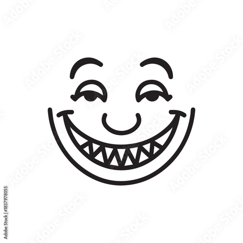 Creepy Grinning Smiling Face Icon, Wide Jagged Teeth Cartoon Expression.