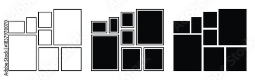 Collage gallery photo frame in line and solid style. Empty photo frame collage. Pictures or photos frame collage comics page grid layout abstract photo frames and digital photo wall.