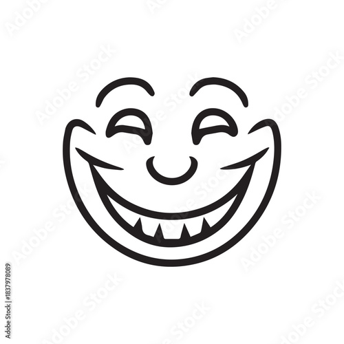 Creepy Grinning Smiling Face Icon, Wide Jagged Teeth Cartoon Expression.