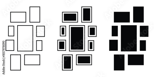 Collage gallery photo frame in line and solid style. Empty photo frame collage. Pictures or photos frame collage comics page grid layout abstract photo frames and digital photo wall.