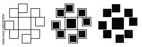 Picture collage and digital photo wall template design in line and solid style. Set of collage for photos or images. Empty photo frame collage of nine parts. Poster frame mockup. Vector illustration.