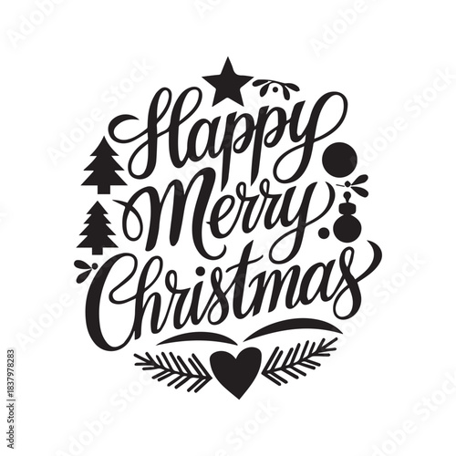 Hand-Lettered Happy Merry Christmas Typography, Festive Wreath Style Calligraphy Decoration.