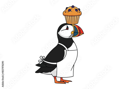 A cartoon puffin wearing a white apron balances a blueberry muffin on its head.