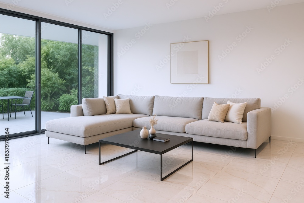 Fototapeta premium Modern Living Room Interior with Sectional Sofa, Contemporary Design, Natural Light, and Minimalist Decor