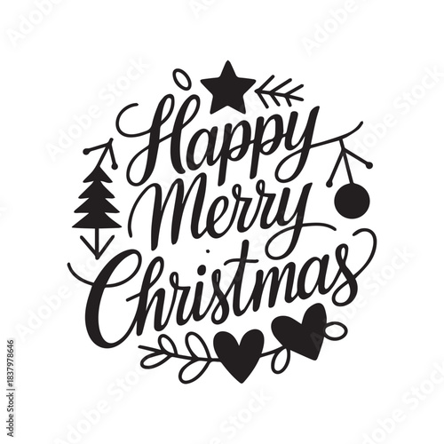 Hand-Lettered Happy Merry Christmas Typography, Festive Wreath Style Calligraphy Decoration.