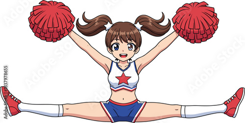 Energetic Cartoon Cheerleader Girl Performing Perfect Splits with Pom-Poms, Dynamic Vector Illustration of Young Female Athlete in Star Uniform Cheering for School Spirit.
