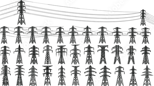 Electric power transmission towers set for digital design, high-voltage electricity pylon collection, global energy grid infrastructure vector pack, industrial engineering concept illustrations,