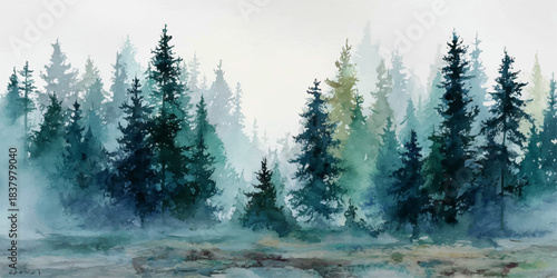 Misty evergreen forest with tall pine trees in a watercolor painting style