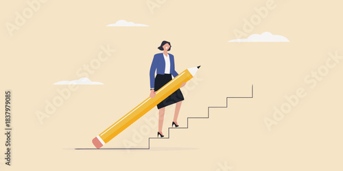 Woman walking on a pencil as steps symbolizing growth and career advancement