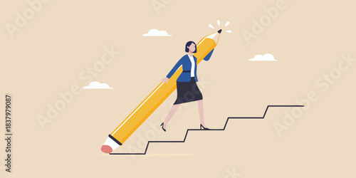 Businesswoman climbing stairs with a giant pencil symbolizing progress and creativity