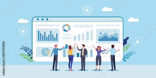 Team collaborating on data analysis and business growth within a digital interface