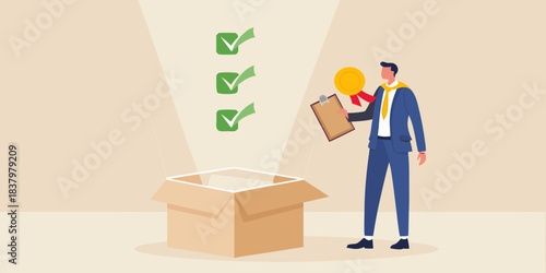 Successful man with award and checklist symbolizing achievement and positive results