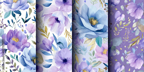 Delicate watercolor floral patterns in shades of lavender and blue with botanical elements