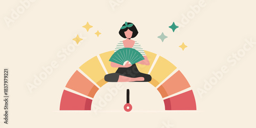 Woman meditating in lotus position with a fan surrounded by colorful arcs