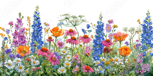 Vibrant wildflower meadow bursting with colorful blooms including delphiniums echinacea and daisies