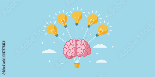 A brain powering multiple lightbulbs representing innovative ideas and thought