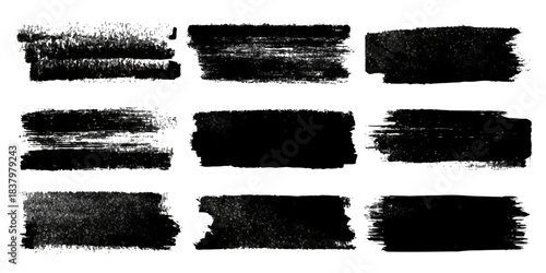 Collection of nine textured black brush stroke rectangles on a white background