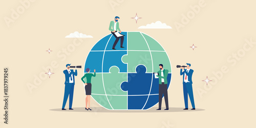 Business professionals collaborating on a global puzzle observing future possibilities