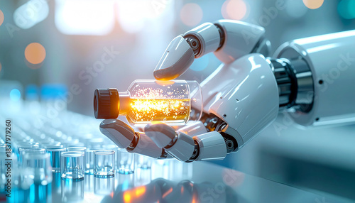 Robotic Hand Holding Vial: A close-up shot of a robotic hand delicately holding a vial filled with a glowing substance, hinting at advanced technology and scientific innovation.
