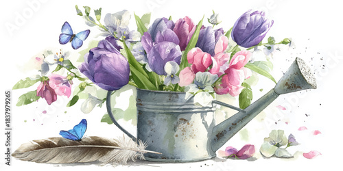 Watercolor painting of a vintage watering can filled with vibrant purple and pink tulips and delicate butterflies