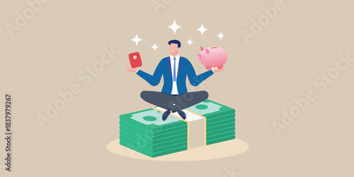 Man balancing money piggy bank and book in a financial illustration