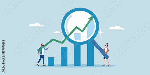 Analyzing business growth with a magnifying glass and rising graph illustration