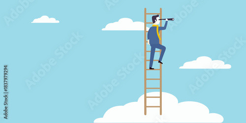 Businessman climbing a ladder with binoculars searching for opportunities above the clouds