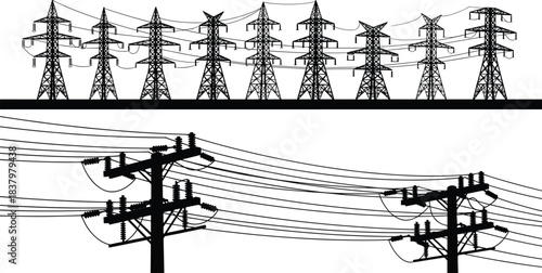 High-voltage electrical transmission towers and power lines silhouette above distribution utility poles with wires against white background, infrastructure vector illustration representing electric 