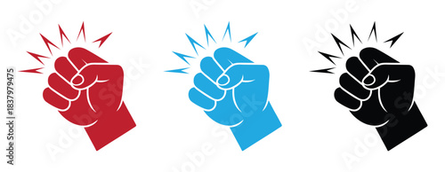 Fist hitting outline. Knocking fist icon set red, blue, and black variations. Knock icon. Human hand performing a knocking gesture with impact lines vector illustration. Vector illustration.