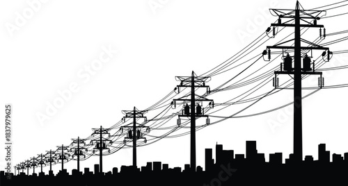 High-Voltage Power Lines Grid Silhouette City Skyline Vector Illustration: Electricity Transmission Towers Against White Background Supply Energy 