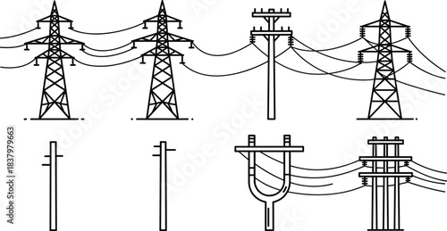 High-voltage power transmission line towers stand tall in a clear blue sky, electrical energy grid infrastructure, rural landscape, modern electricity distribution network,