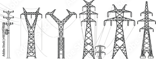 High Voltage Power Line Transmission Tower Silhouette Infrastructure, Industrial Electricity Energy Supply, Modern Technology, Global Electrical Grid Network, Utility Structure, Blue Sky Backdrop.