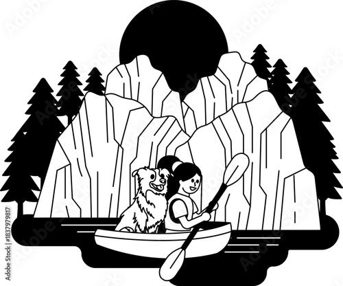 black and white illustration of A girl and her dog are paddling a canoe on a river