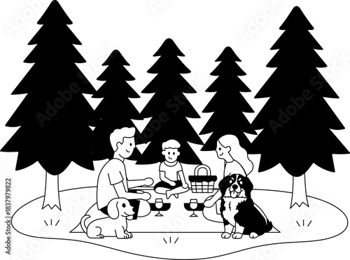 black and white illustration of A family is having a picnic