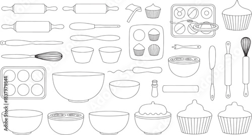 Assortment of baking tools and cupcakes in a line drawing style kitchen cooking