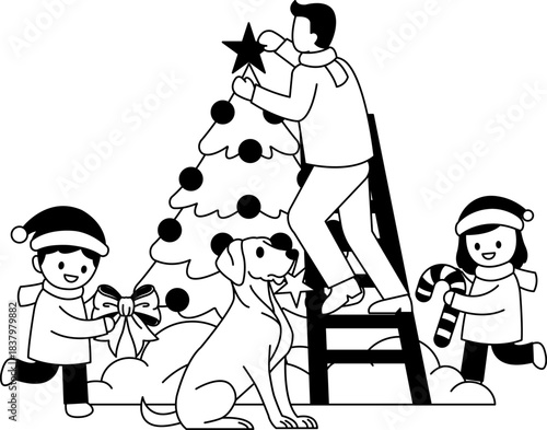 black and white illustration of father is helping a child put a star on a Christmas tree