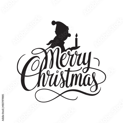 Merry Christmas Calligraphy Script with Child Silhouette Holding a Lit Candle.