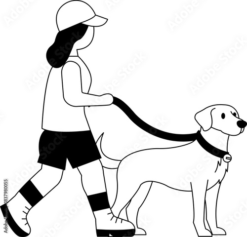 black and white illustration of A woman is walking her dog