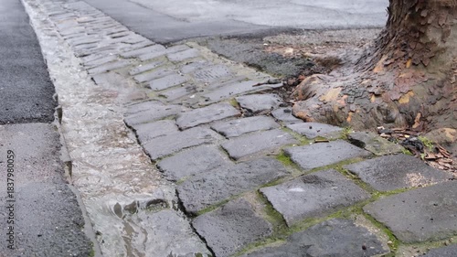 Rainwater runoff flowing along a stone curb and surface drainage on a residential suburban street in Melbourne Australia. Concept of stormwater runoff, surface water flow, urban drainage, wet weather 