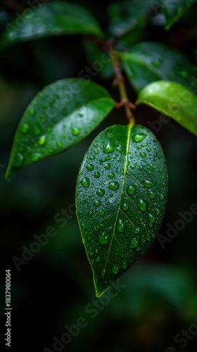 Close-Up of Green Leaves with Raindrops