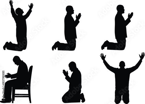 Silhouette collection of a man kneeling and praying to God with hands raised up, sitting in a chair, expressing hope, reverence, devotion, worship, and spiritual contemplation in a religious ceremony.