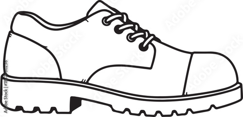 Simple black and white line drawing of a work or safety shoe