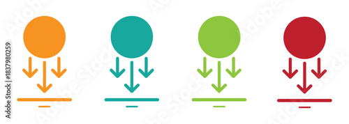 Four colored circles with downward arrows indicating impact or download. download icon arrow line thin thick round. Down arrows in circles. Graphic element. Vector illustration.