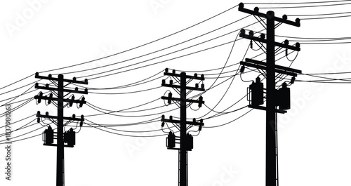 Silhouette of utility poles and complex tangled power lines against a white sky, representing essential infrastructure, electricity distribution, communication networks,
