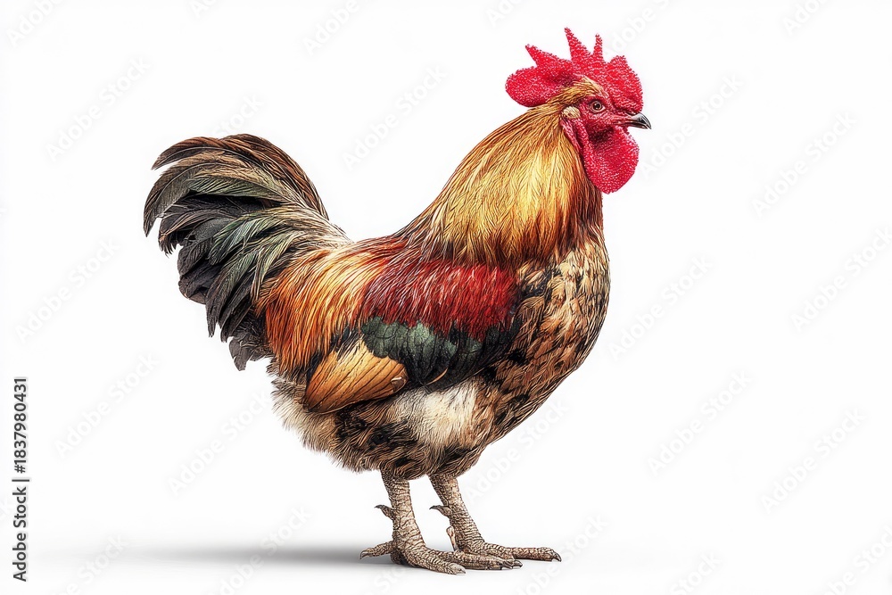 Fototapeta premium A magnificent and colorful rooster stands proudly in full profile against a clean white background, making it an excellent isolated subject. Its vibrant plumage displays a rich tapestry of golden, bro