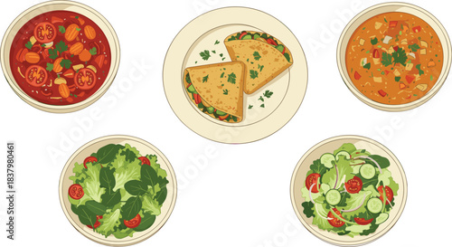 Stylized illustration of vibrant, healthy, and diverse food options; including rich stews, fresh leafy green salads, and a savory sandwich, perfect for menus, restaurants, and cooking themes, 