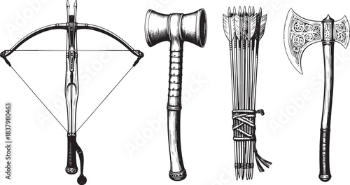 Black and white illustration of a crossbow arrows war hammer and battle axe bow and arrow quiver