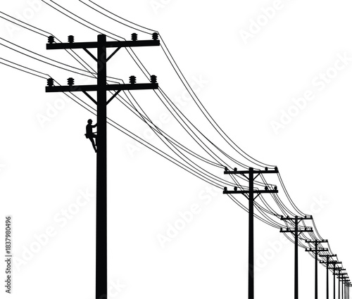 Utility pole worker silhouette climbing high up dark wooden electric power post fixing cable wires against a bright sky, conveying danger and essential electrical infrastructure maintenance