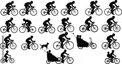 Vector Silhouettes Collection: Diverse Cyclists Riding Bicycles Including Road Bikes, Mountain Bikes, Family Cargo Cycles, and a Dog, Illustrating Active Lifestyle and Outdoor Recreation Sports.