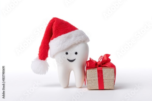 Wallpaper Mural A cheerful, smiling tooth model adorned with a festive red and white winter hat stands beside a shimmering golden gift box, elegantly tied with a bright red ribbon and bow. This delightful and pristin Torontodigital.ca